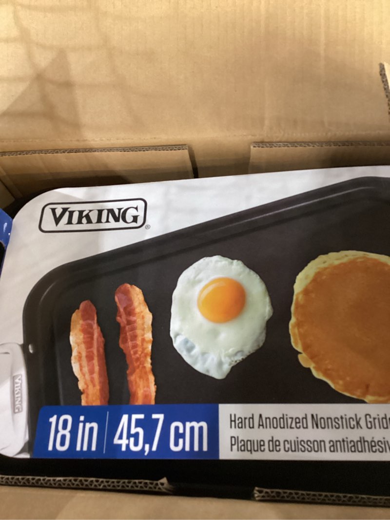 Condition photo showing New/Like New for Viking Nonstick Double Burner Griddle, 19 x 11 Inch Hard Anodized Kitchen Grill Pan with Handles, Oven Safe, Works on Gas, Ceramic, and Electric Stove Top