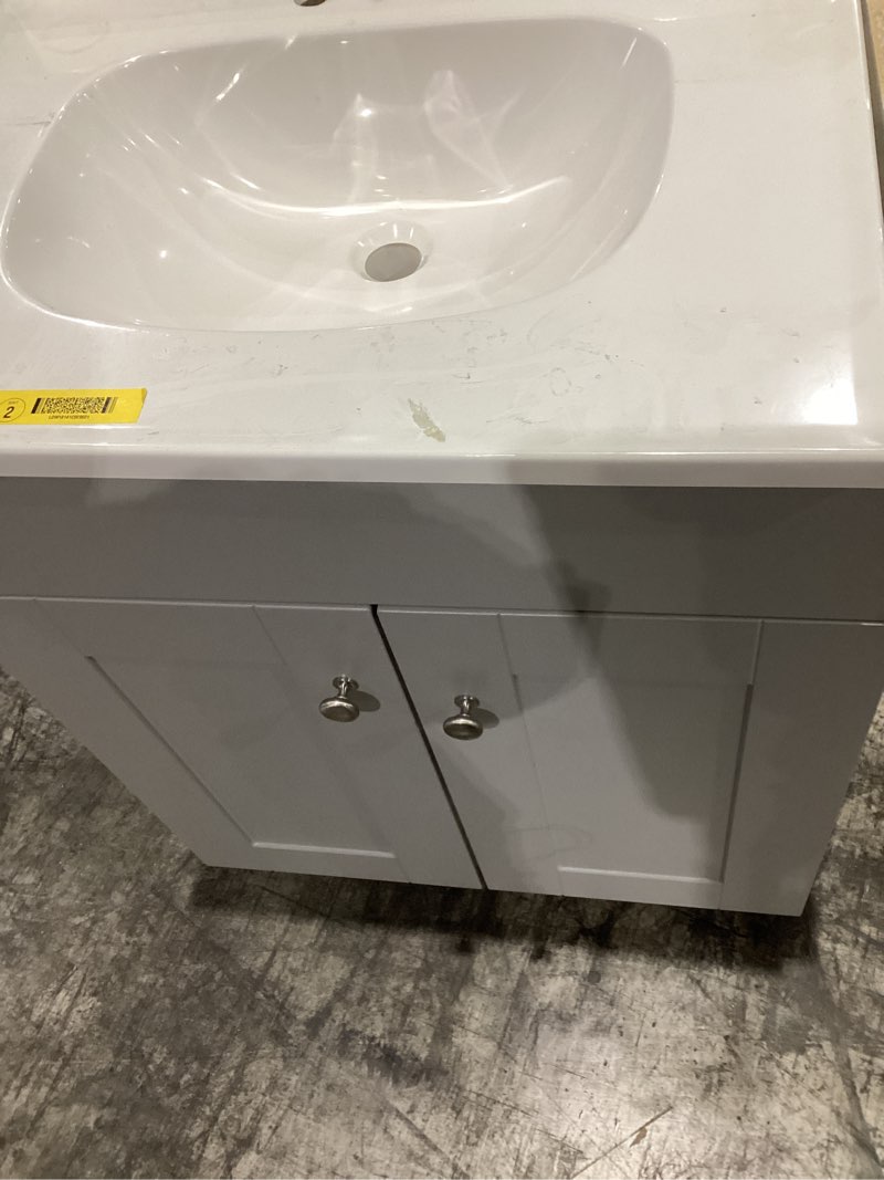 Condition photo showing As Is for (similar to not exact)old captain bathroom vanity with ceramic sink, wooden double door bathroom storage vanity with 24 inch, small quick assembly bathroom cabinet, white & grey