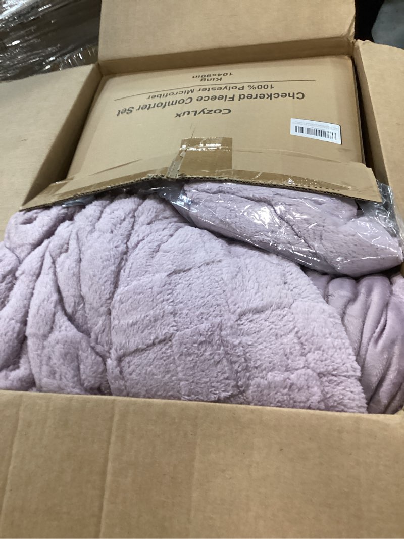 Condition photo showing Good Condition for CozyLux Fleece King Comforter Set Light Purple,Super Soft & Warm Fluffy Bedding with Checkered Pattern,Luxury Fuzzy Heavy Bed Set for Winter,3 Pieces,1 Comforter and 2 Pillowcases King Light Purple