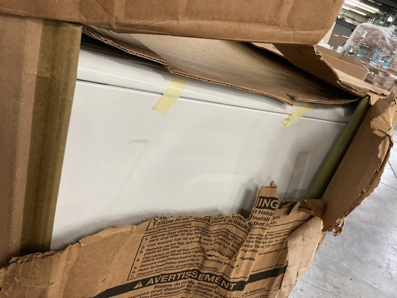 Condition photo showing As Is for maytag med7020rw 27 inch smart pet pro front load electric dryer with 7.4 cu. ft. capacity, steam cycle, quick dry, remote start, drum light, advanced moisture sensing white