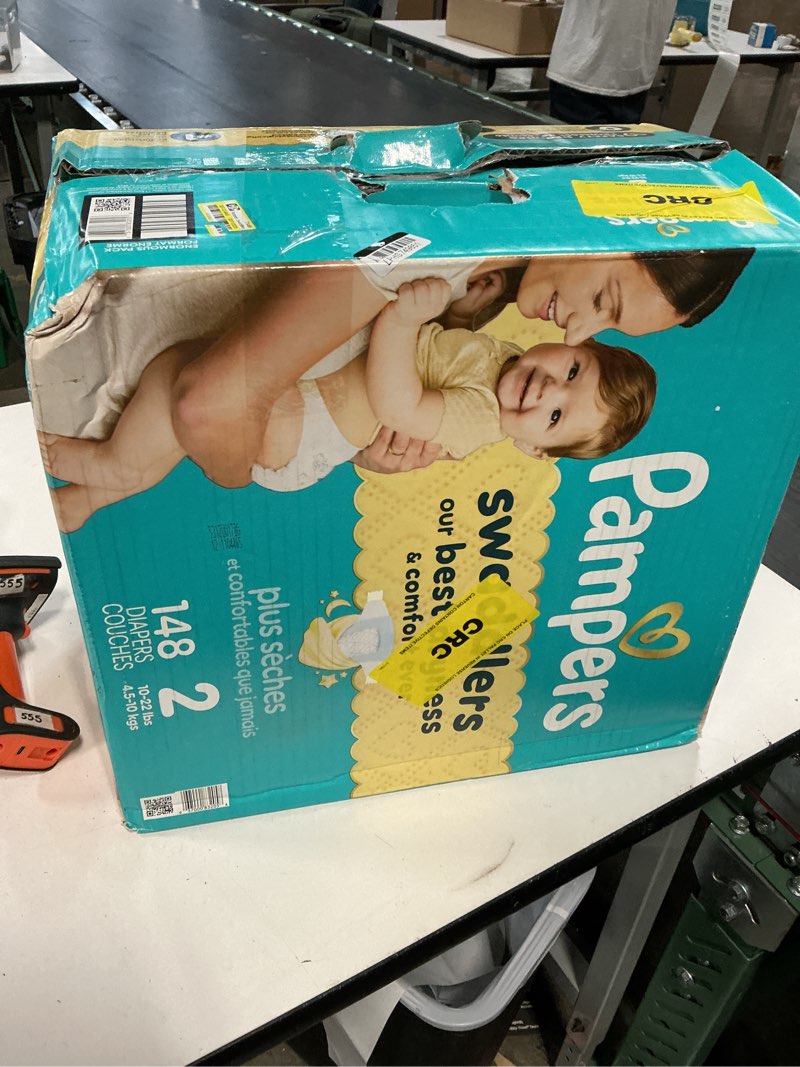 Condition photo showing New/Like New for pampers swaddlers diapers, size 2 (10-22 lbs), 148 count, absorbent, keeps baby dry and comfortable, skin safe disposable baby diaper size 2 148
