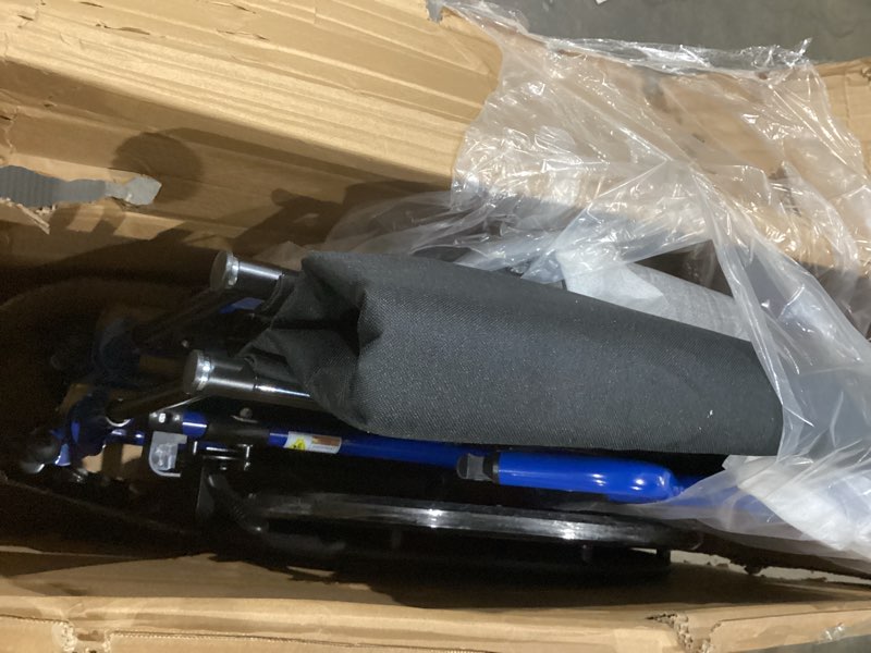 Condition photo showing Good Condition for drive medical blue streak lightweight wheelchair - portable folding mobility aid - swing-away footrests - desk arms - durable steel frame - easy transport & storage - 20-inch seat 20 inch