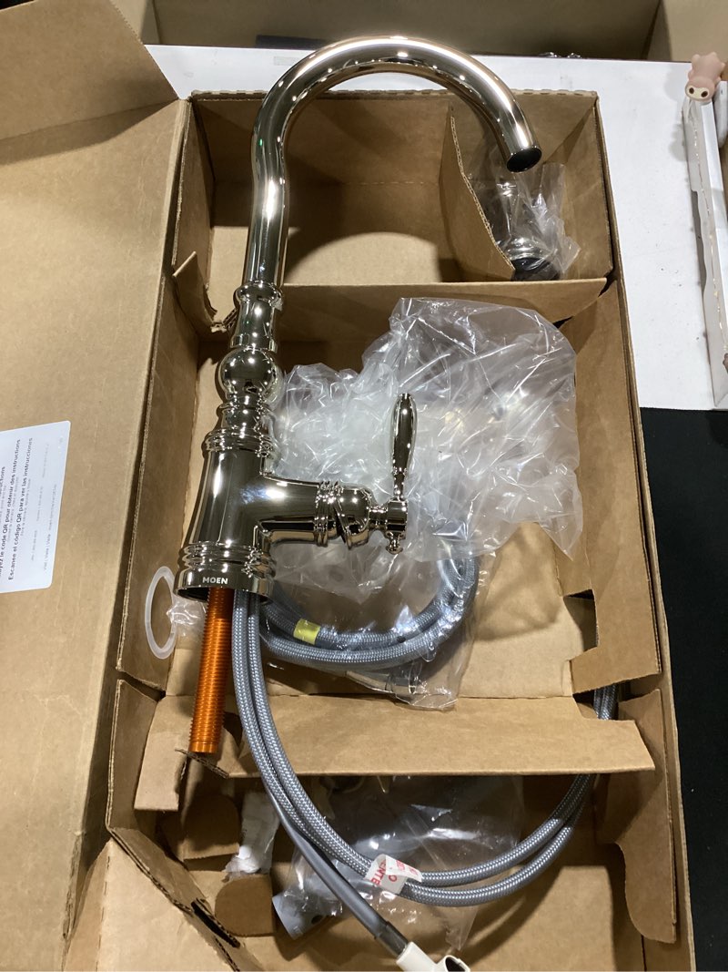 Condition photo showing Good Condition for moen s73004 weymouth shepherd's hook pulldown kitchen faucet featuring metal wand with power boost, chrome chrome standard