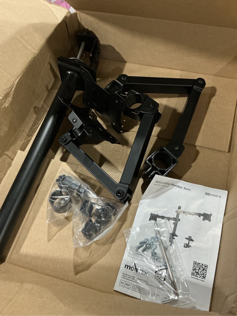 Condition photo showing Good Condition for montek dual monitor stand for 17"–32” computer, adjustable height stable monitor mount fit up to 32 inch screen, hold up to 22lbs weight, c-clamp and grommet, vesa 75x75mm/100x100mm