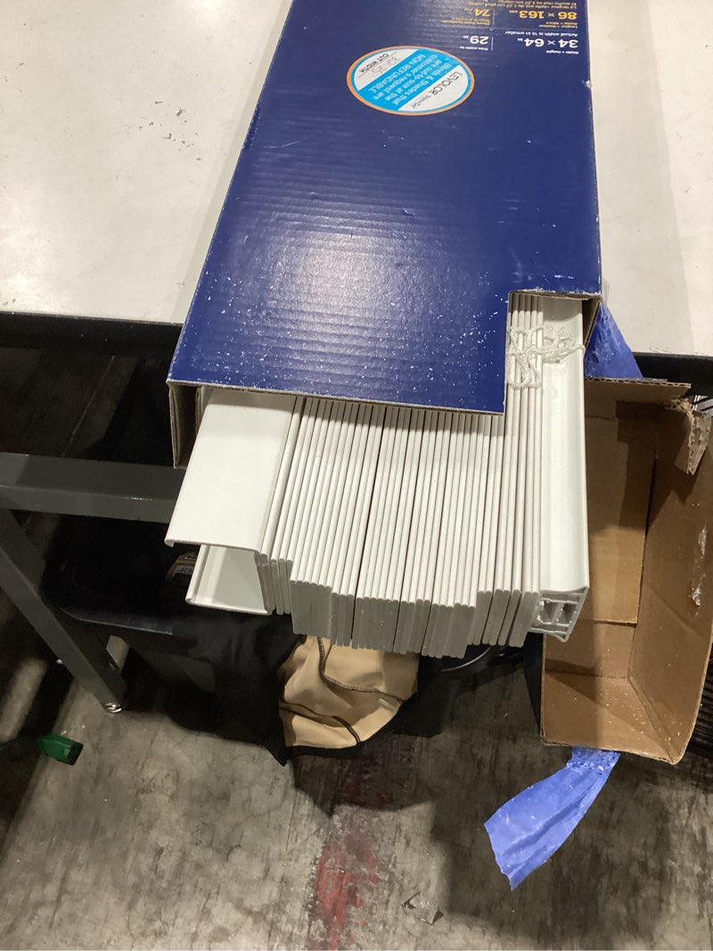Condition photo showing As Is for levolor trim+go 2-in slat width 34-in x 64-in cordless white faux wood room darkening horizontal blinds