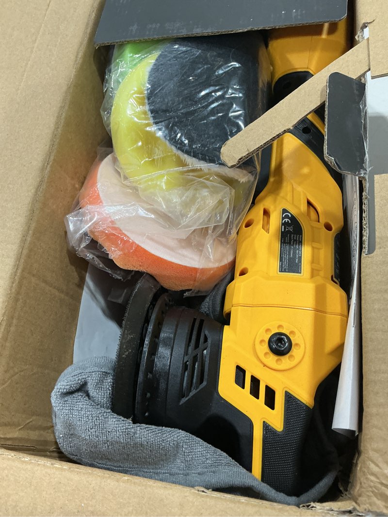 Condition photo showing New/Like New for brushless cordless car buffer polisher for car detailing, 15mm dual action, compatible with dewalt 20v max, 5-speed control, includes 5-inch polishing pads (tool only, no battery / charger)