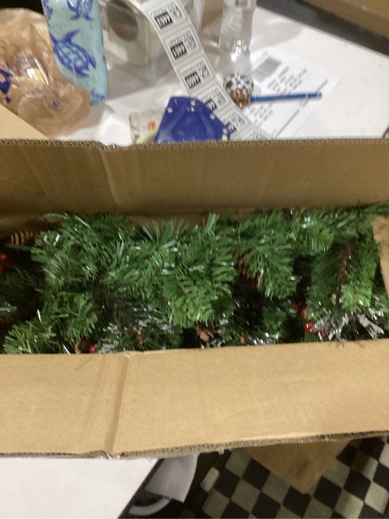 Condition photo showing Good Condition for National Tree Company 9 ft Pre-Lit Crestwood Spruce Artificial Christmas Garland, Christmas Decoration with Glitter, Pinecones, Red Berries, 50 Warm White LED Lights, 180 Tips, Timer, Green Battery Operated Tree