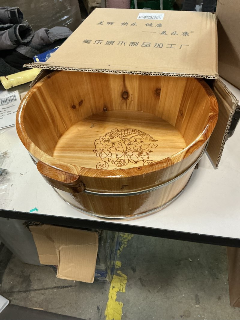 Condition photo showing As Is for Happyyami Foot Baths Wood Foot Tub Wooden Basin Pedicure Barrel Massager Bucket Soak Soaking Bath Bowl Spa Treatment Washbasin for Home Spa