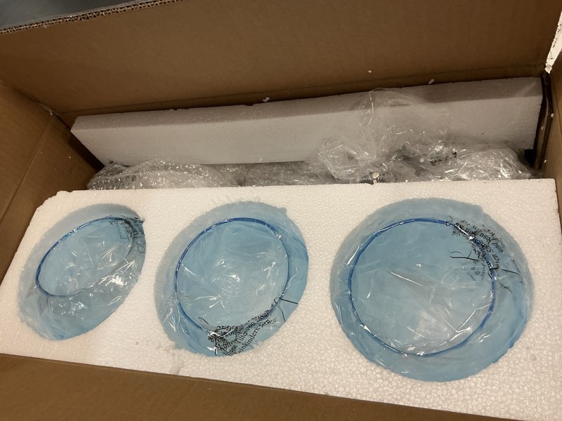 Condition photo showing Good Condition for VINLUZ 3 Pack Pendant Light with Blue Round Ribbed Glass Shade, H-Type Track Lighting Fixture Farmhouse Chandelier for Dining Room in Black Finish Blue 3-Pack Track (1-Light Each)