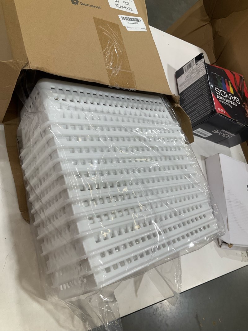 Condition photo showing Good Condition for domensi white 12 pcs slim plastic storage baskets for organizing 11.6" x 5" x 3.4" small narrow storage bins with handles & label area thin pencil trays for bathroom drawer office desk closet