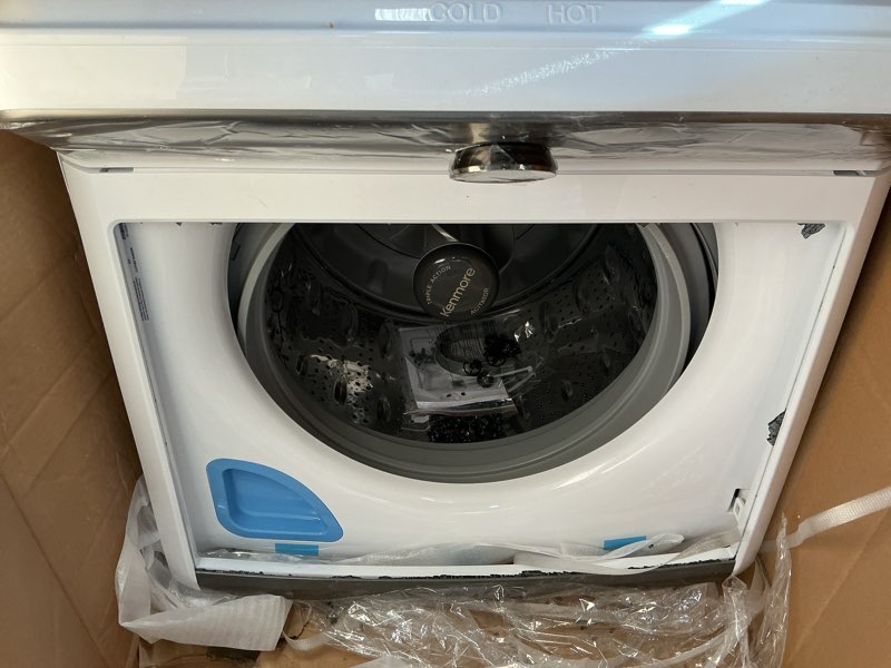 Condition photo showing As Is for Kenmore 4.4 cu. ft. Top Load Washer with Triple Action Agitator for Tough Dirt & Stains - Reduce Laundry Time with Accela Wash & Express Wash - LED - White