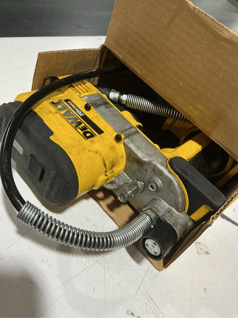 Condition photo showing As Is for dewalt grease gun 20v max, cordless electric grease gun 42” hose, 10,000 psi, variable speed triggers, tool only (dcgg571b) grease gun only