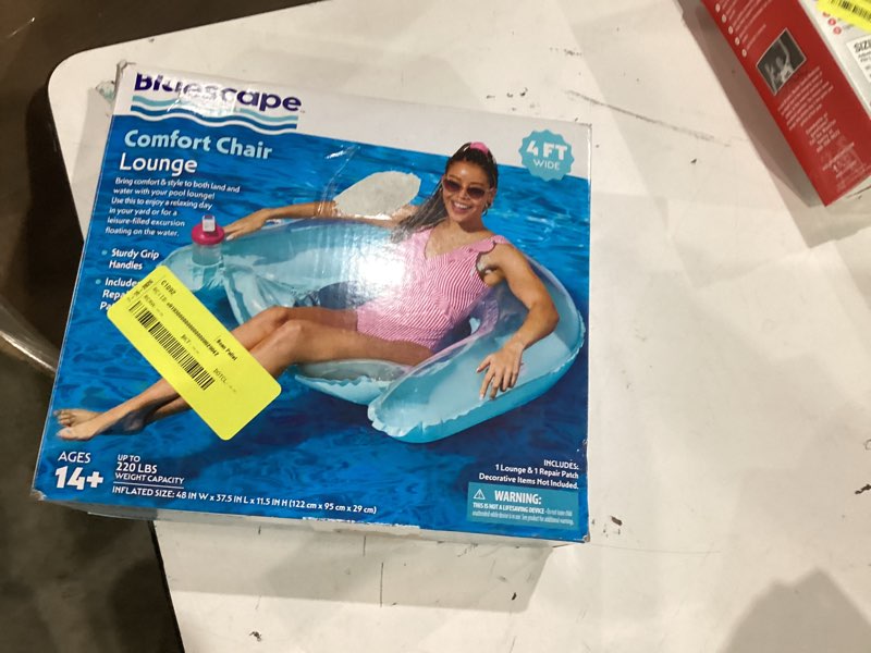 Condition photo showing New/Like New for bluescape inflatable comfort chair lounge pool float, teal, age 14 & up, unisex