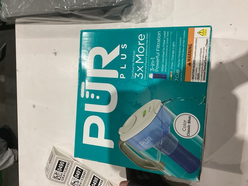 Condition photo showing As Is for PUR Plus 7-Cup Water Filter Pitcher for Fridge, Cleaner, Great-tasting Water, Dishwasher Safe, Powerful Filtration, Change Light Indicator, LockFit Cap Design, White White 7-Cup PUR PLUS Lead Reducing Filter (1 Filter)