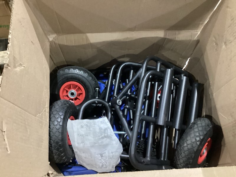 Condition photo showing As Is for (similar)3 in 1 beach fishing cart, heavy duty garden carts w/all terrain inflatable tires, folding wagon cart, convert to chair or bench with cushion, rod holders and durable oxford bag