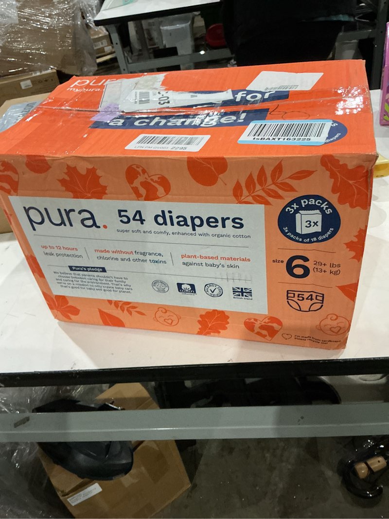 Condition photo showing New/Like New for pura size 4 eco-friendly diapers (18-31lbs) tcf hypoallergenic, soft organic cotton, sustainable, up to 12 hours leak protection, allergy uk, recyclable packaging, 3 packs of 22 (66 diapers)