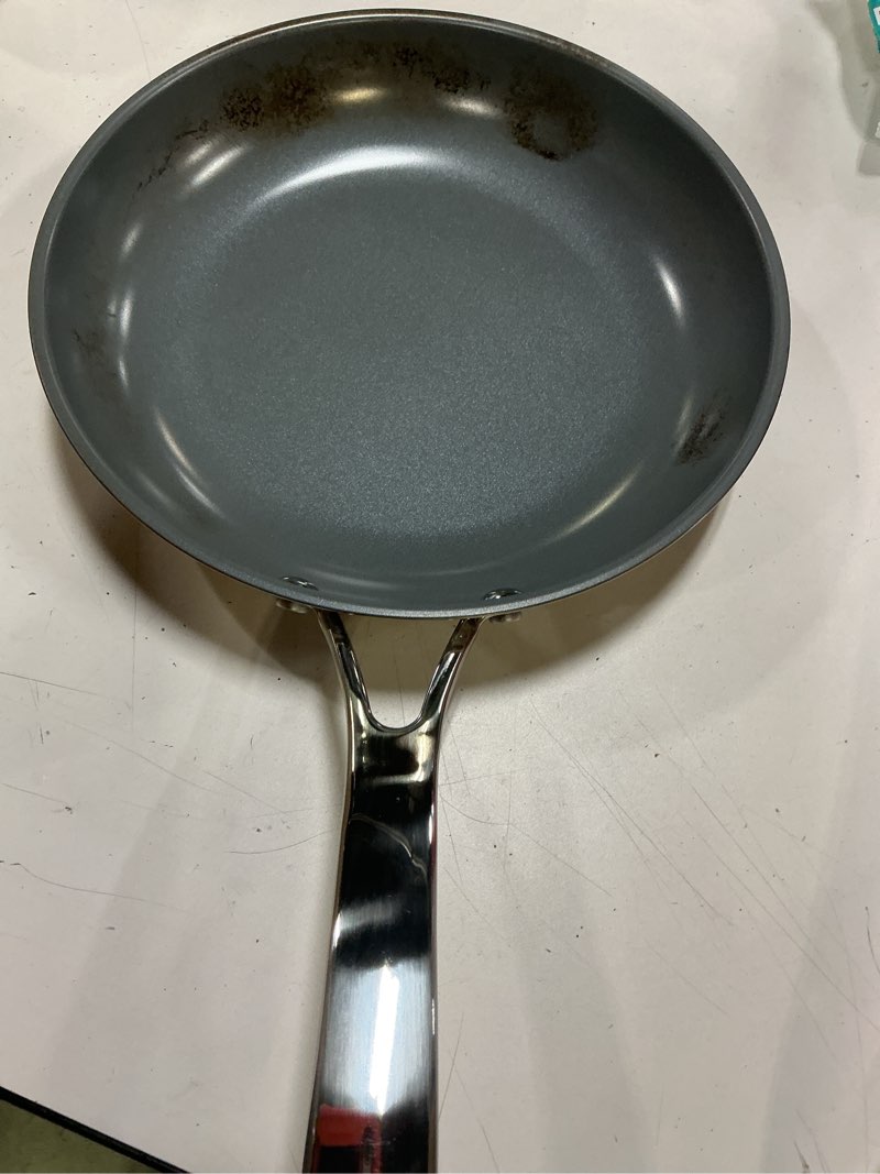 Condition photo showing As Is for bk control stainless steel ceramic non-stick induction compatible 7-piece cookware pots and pans set with lid, oven safe up to 180c, dishwasher safe, comfortable silicone handle, pfas free, silver