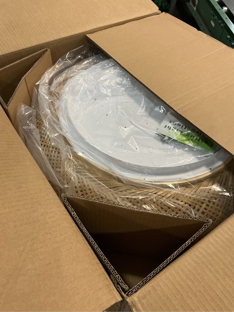 Condition photo showing New/Like New for 23.6 in bamboo woven rattan-style ceiling light, boho ceiling light fixture with remote, led dimmable ceiling light, boho light fixture for bedroom living room dining room light 23.6in