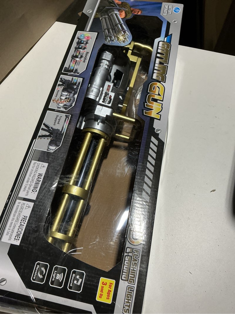 Condition photo showing As Is for mozlly light up rotating gun toy with tripod - realistic toy rifle guns that make noise, flashing leds, lights and sound toy gun for dress up military pretend play accessory, colors vary - 23 inches