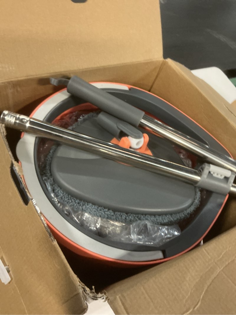 Condition photo showing Good Condition for Hmbletech Dual Chamber Spin Mop and Bucket System, Mop Bucket Separate Dirty Water, Mop and Bucket Set with Self-Wringing 360° Rotating Mop Head, Includes 4 Washable Microfiber Mop Pads. (Orange)