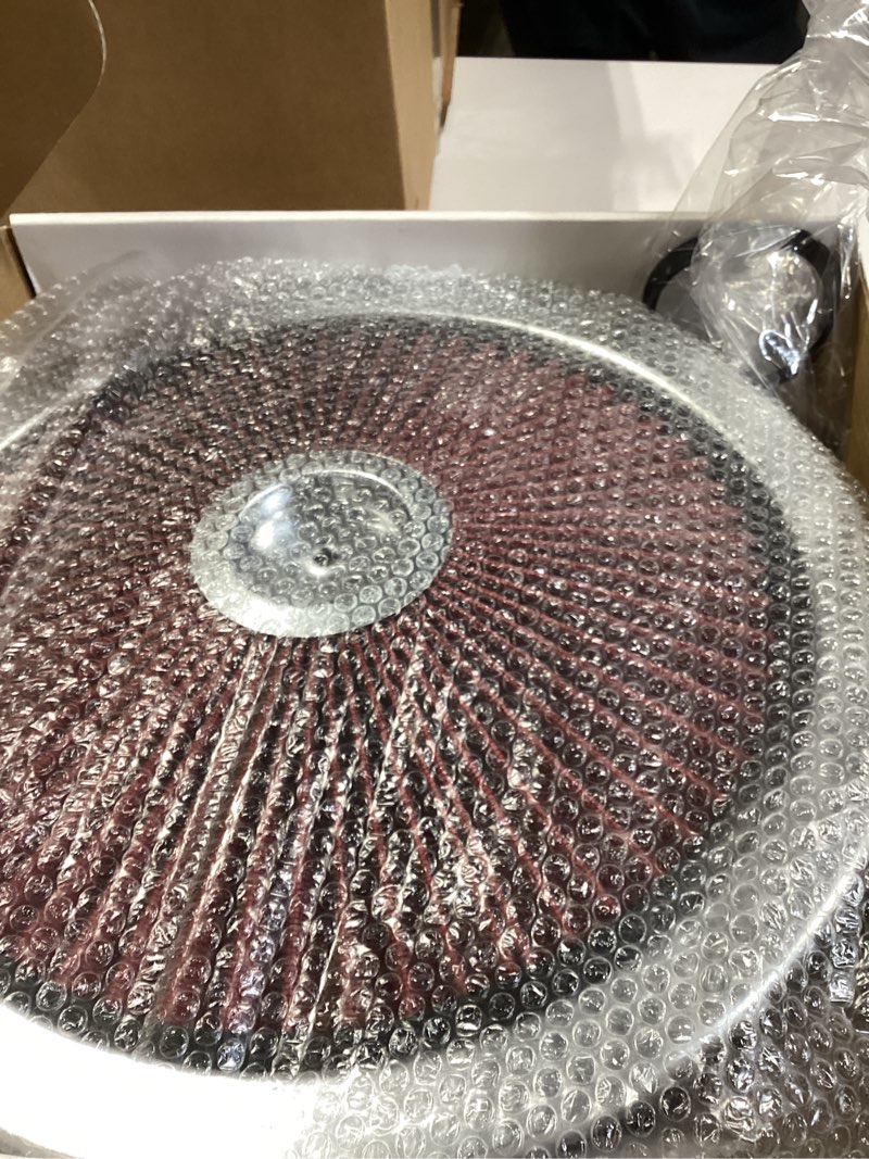 Condition photo showing Good Condition for 14"x3" high flow round air cleaner filter assembly kit compatible with gmc chevy ford chrysler dodge v8, for carburetor 5-1/8" carb neck, flow-thru lid, washable and reusable, red chrome chrome/red