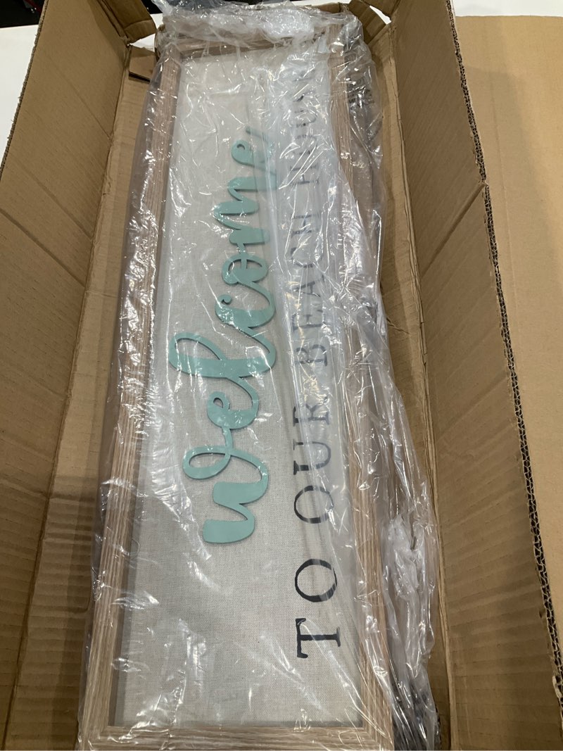 Condition photo showing Good Condition for Welcome to Our Beach House 28" x 8" Coastal Linen Reverse Box Sign with Raised Word, Natural