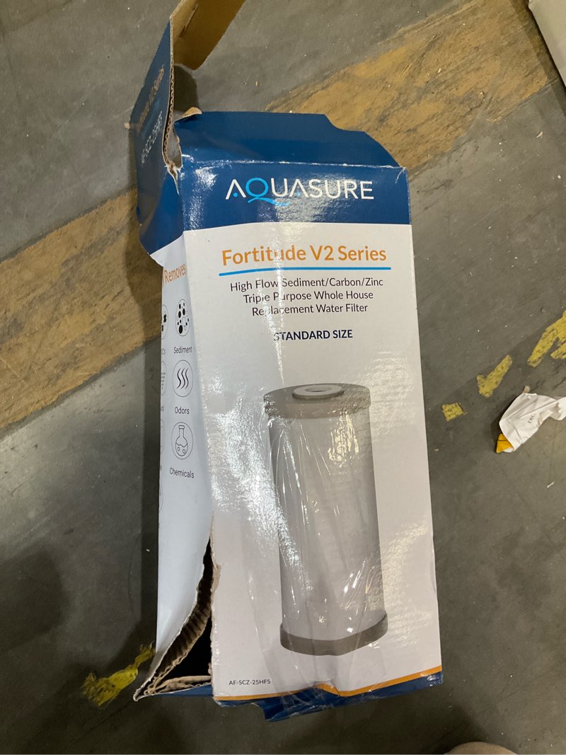 Condition photo showing As Is for aquasure fortitude v2 series triple purpose whole house replacement water filter