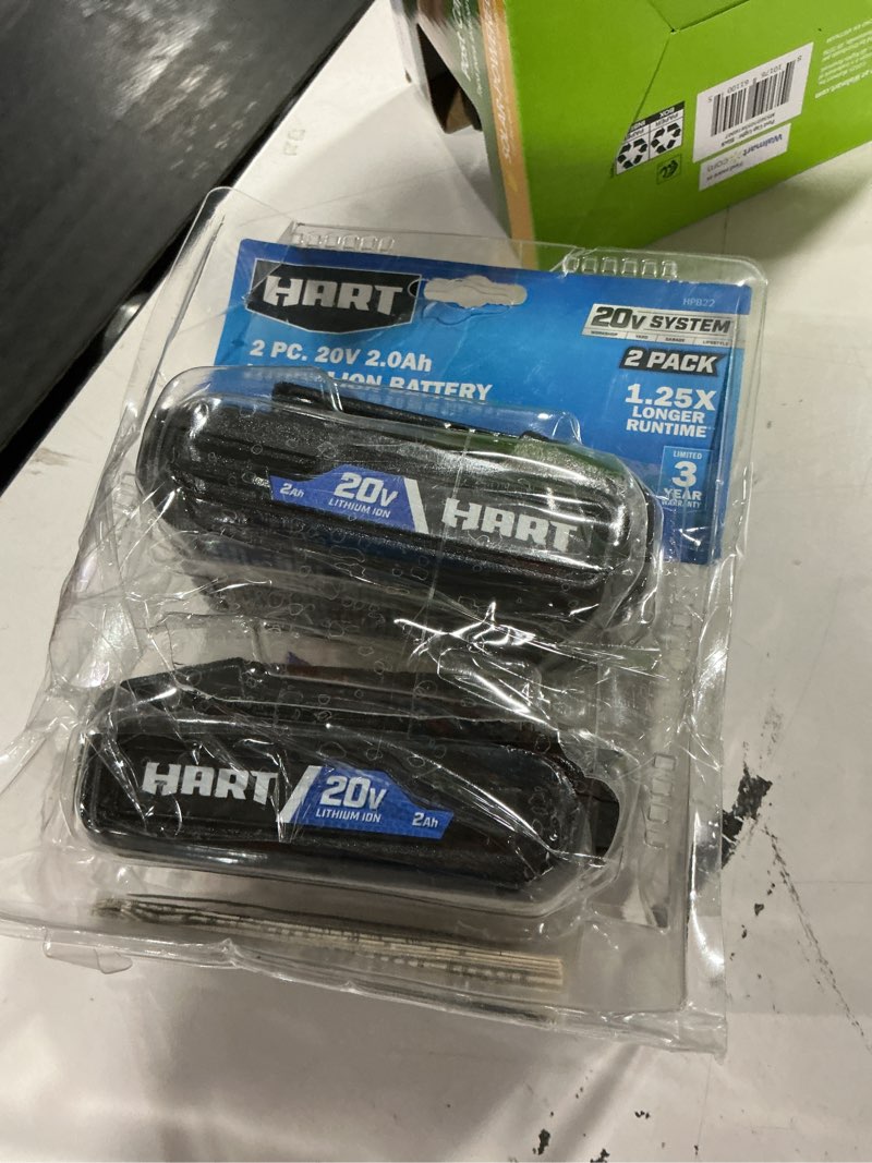 Condition photo showing As Is for hart 2-pack 20-volt 2.0ah lithium-ion batteries (charger not included)