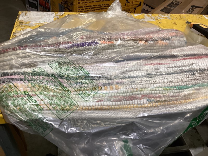 Condition photo showing As Is for safavieh rag rug collection runner rug - 2'3" x 7', ivory & multi, handmade boho stripe cotton, ideal for high traffic areas in living room, bedroom (rar240a)