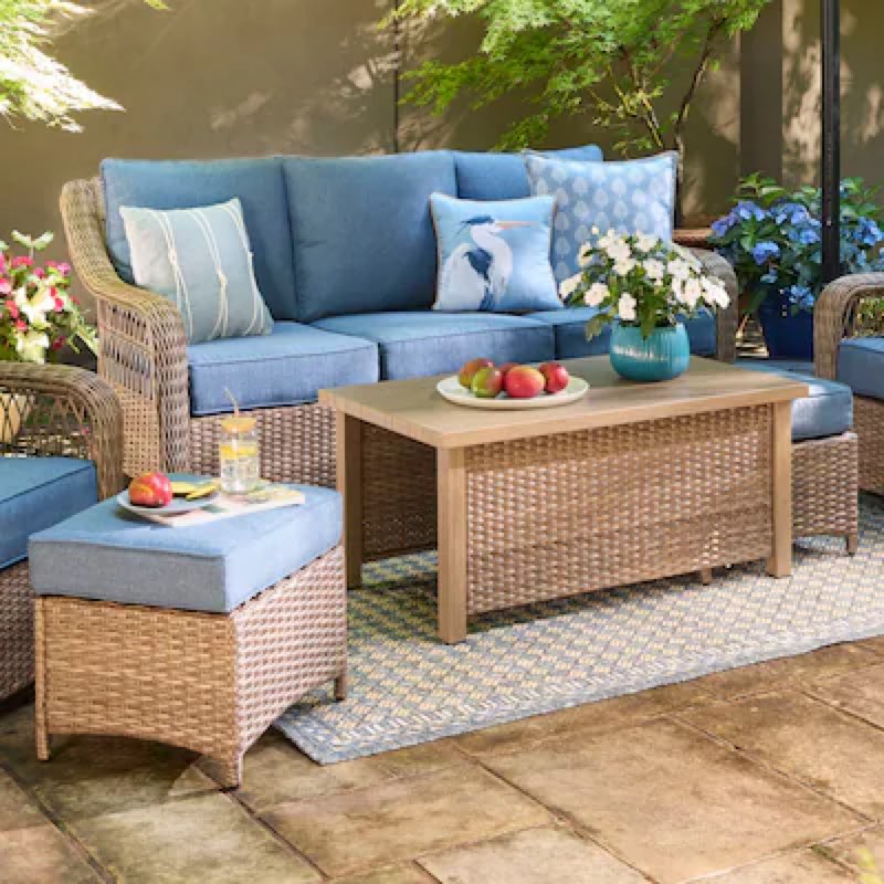 allen + roth grand haven 4 -piece wicker patio sofa conversation set with blue cushions