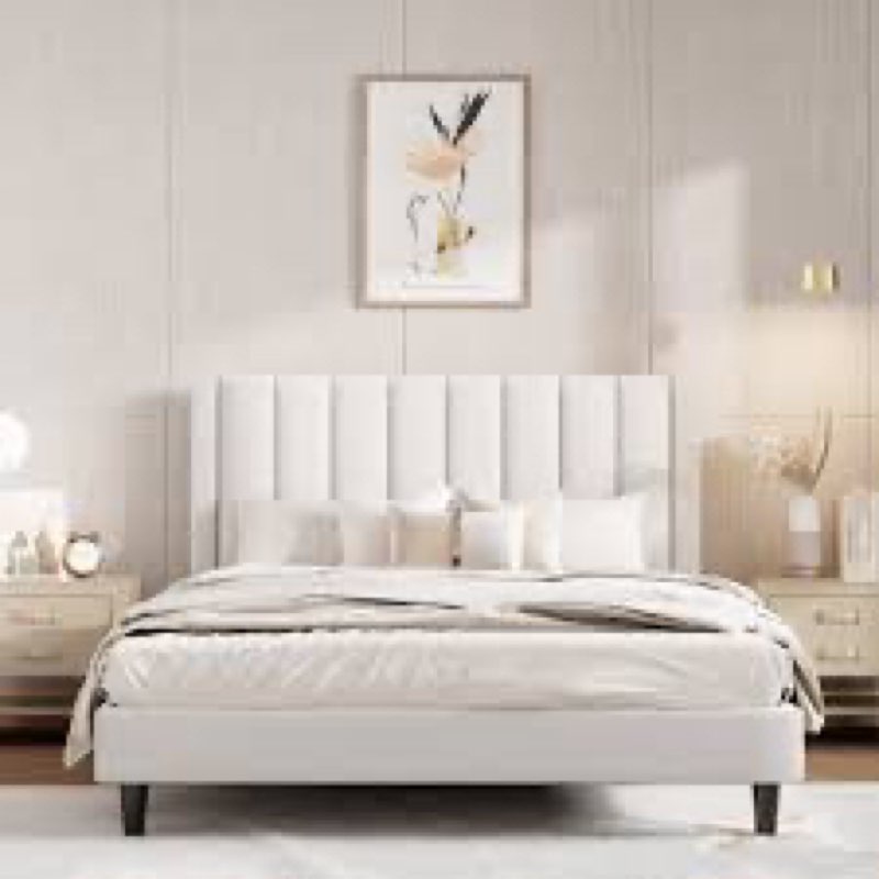 stauton upholstered platform bed with velvet and striped headboard(incomplete only 1 box )