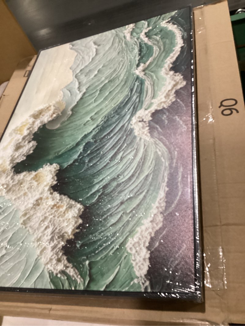 Condition photo showing New/Like New for Large framed. Green giant waves. Abstract ocean nature scene wall art. 3D effect. Canvas print, suitable for living room, bedroom, office and other home decor. 24x36 inch. Green Framed 36"L x 24"W