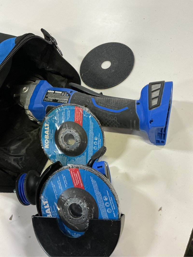 Condition photo showing As Is for kobalt 5-in 24-volt paddle switch brushless cordless angle grinder kag 424b-03