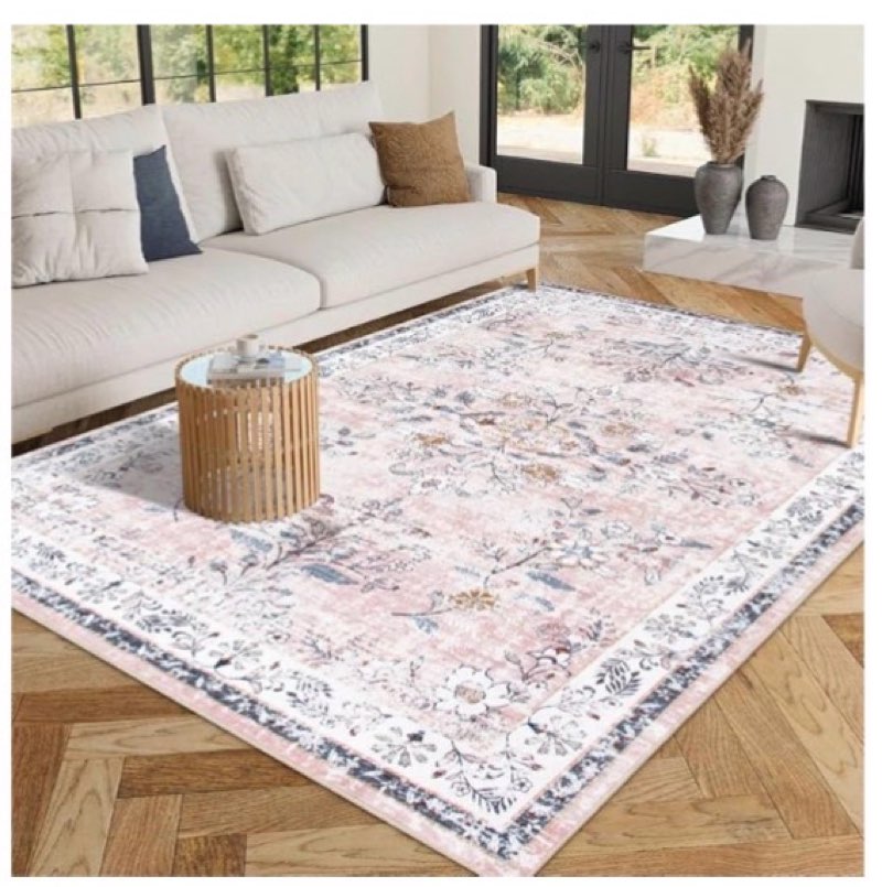 LIVEBOX Pink 8x10 Area Rug for Living Room, Vintage Washable Floral Rug for Bedroom Girls, Soft Non-