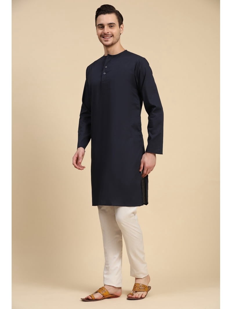 skavij men's cotton 2 piece set casual straight longline round neck shirt solid pant regular outfit (large,blue)