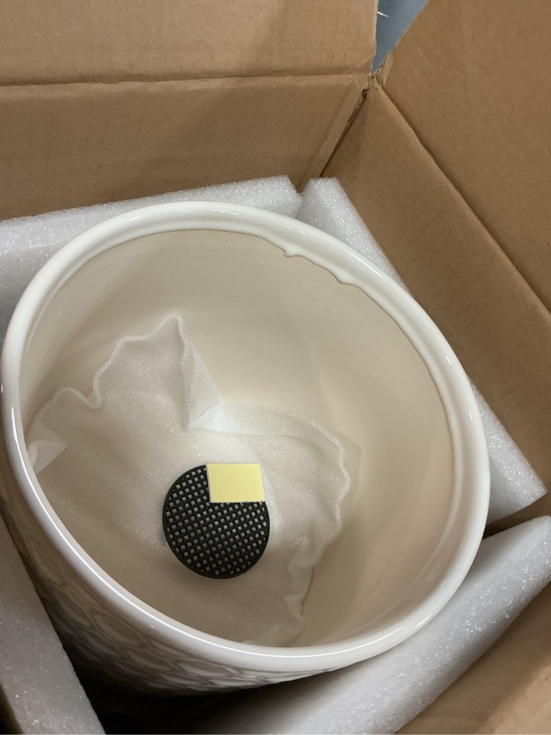 Condition photo showing Good Condition for 8 inch plant pot: ceramic planter with drainage hole & saucer indoor outdoor plants - cylinder round flower pot for home office - modern decorative - medium white white 8 inch