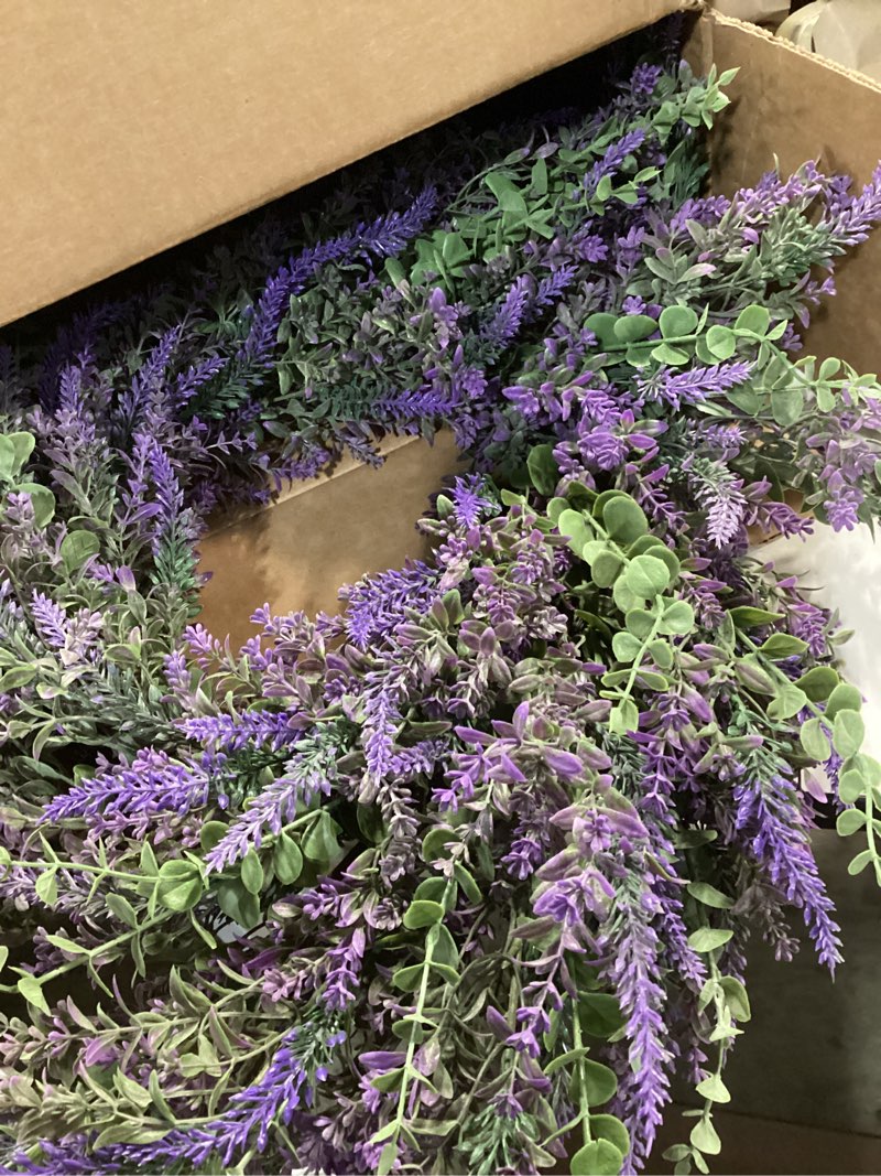 Condition photo showing Good Condition for 26'' Large Eucalyptus and Lavender Wreath for Front Door, Porch, Window- Artificial Eucalyptus Leaves with Lavender Wreath for Home, Farmhouse Wall Decor- Spring, Summer, Fall, All Seasons (Purple) 26"