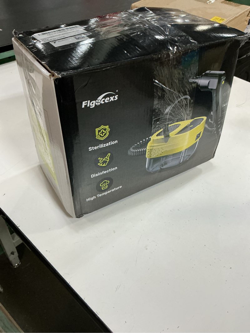 Condition photo showing As Is for steam cleaner,15s heat-up,1.6l tank,3-level adjustable handle,2500w steamer for cleaning,portable steamer for cleaning with 16pcs accessories,steam cleaner for home,car,dirt,grease,grout,tile,couch yellow