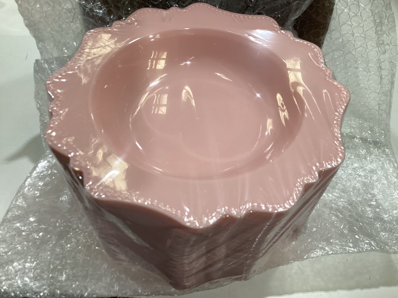Condition photo showing As Is for colosus pink plastic party bowls (60 pack) 12 oz disposable soup/salad bowl, fancy shatterproof dinnerware for easter, catering, holidays, weddings, and everyday use,easter day