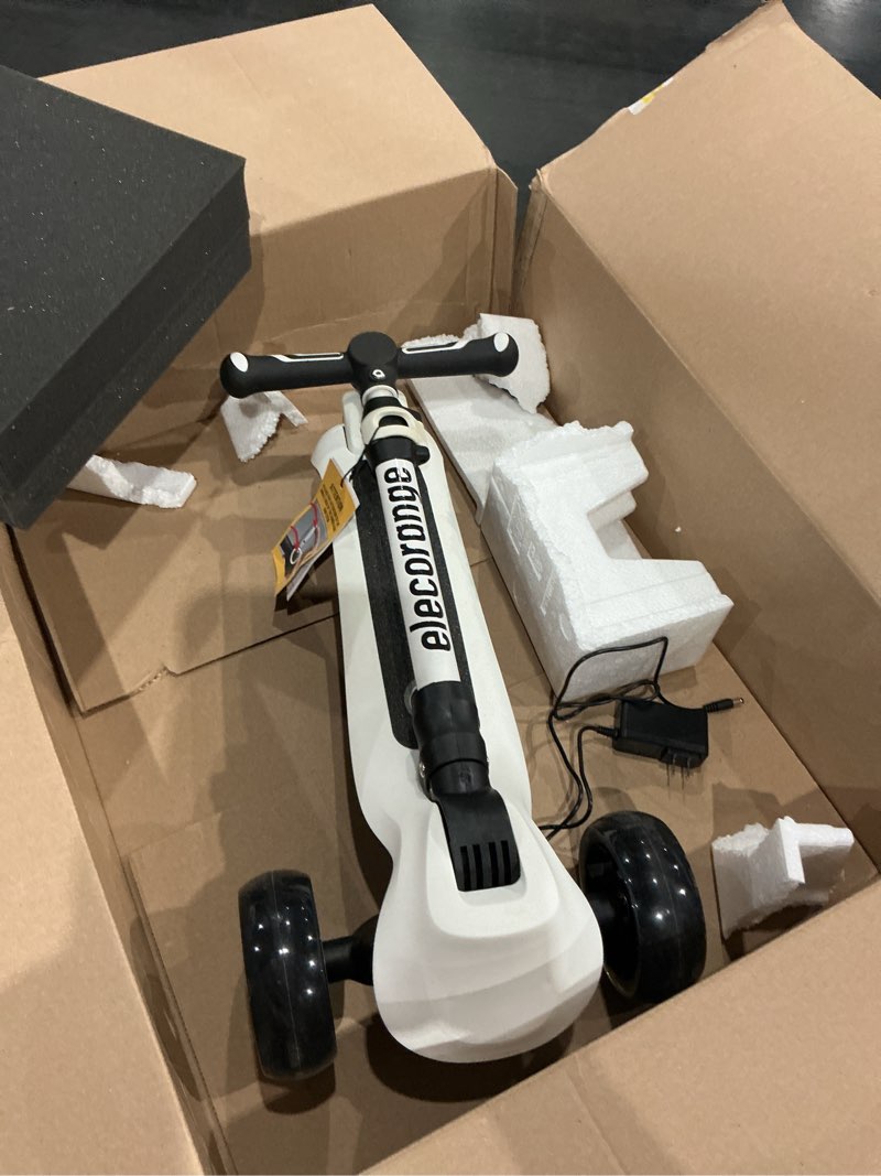 Condition photo showing As Is for elecorange balance electric scooter for kids ages 2-9, 2025 upgraded, long range, friendly thumb throttle, solid wide light up deck & wheels, adjustable height, 5mph safe limit, 60min riding, foldable white