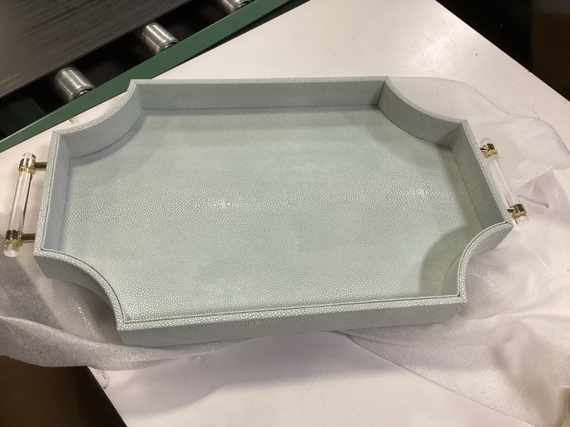 Condition photo showing Good Condition for 22.6'' × 13'' Coffee Table Tray Shagreen Decorative Tray for Ottoman Home Decor Serving Tray with Acrylic Gold Handles Modern Elegant Scalloped Large Ottoman Tray Ice Blue 22.6" x 13" x 2"