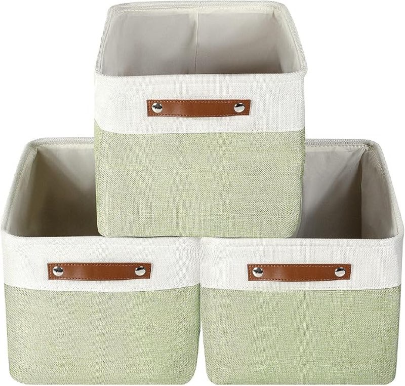 Lucky Monet 3PCS Foldable Fabric Storage Bin Set Collapsible Cotton Linen Storage Basket Cube Closet Organizer Box w/ Faux Leather Handles (Green & White)