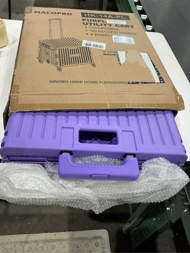 Condition photo showing Good Condition for foldable utility cart folding portable rolling crate handcart with durable heavy duty plastic telescoping handle collapsible 4 rotate wheels for travel shopping moving luggage office use (purple)