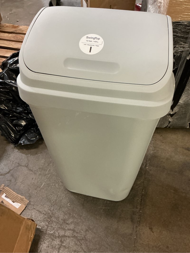 Condition photo showing As Is for hefty 13.3 gallon trash can, plastic touch top kitchen trash can, grey