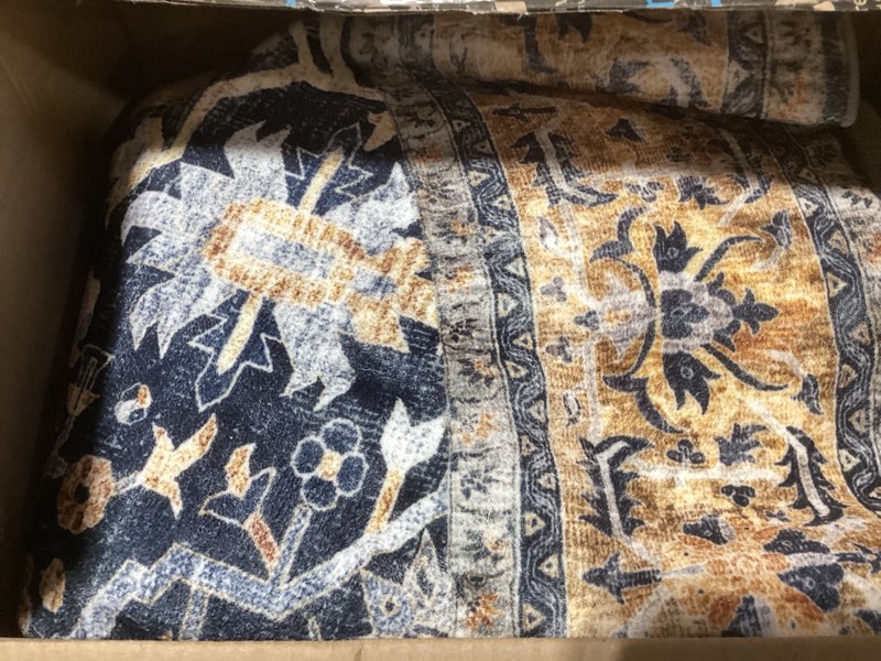 Condition photo showing As Is for KOZYFLY Round Rug, 6 Ft, Washable, Non Slip, Living Room, Dining Room, Gold Navy 6' (Round) Gold/Navy