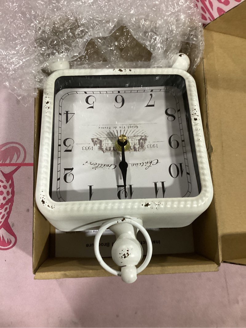 Condition photo showing Good Condition for vintage whitetable clock on stand, desk and shelf decor clock | french rustic style mantel clocks for farmhouse, living room, bedroom, bedside, gift ( 8.5" h x 5.5" w ) white 8.5" h x 2.3" d x 5.5" w