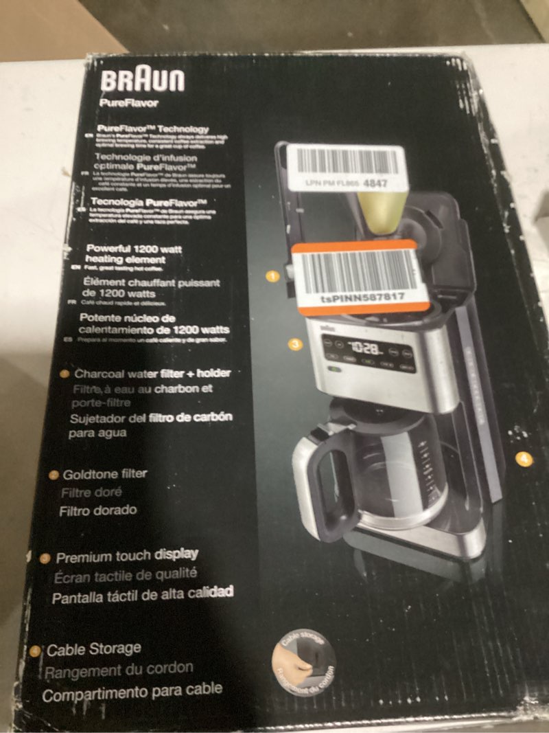 Condition photo showing As Is for braun pureflavor 14?cup programmable coffee maker – fast brew speed, touch display, bold & brew?over?ice modes, flavorcarafe & adjustable warm plate black