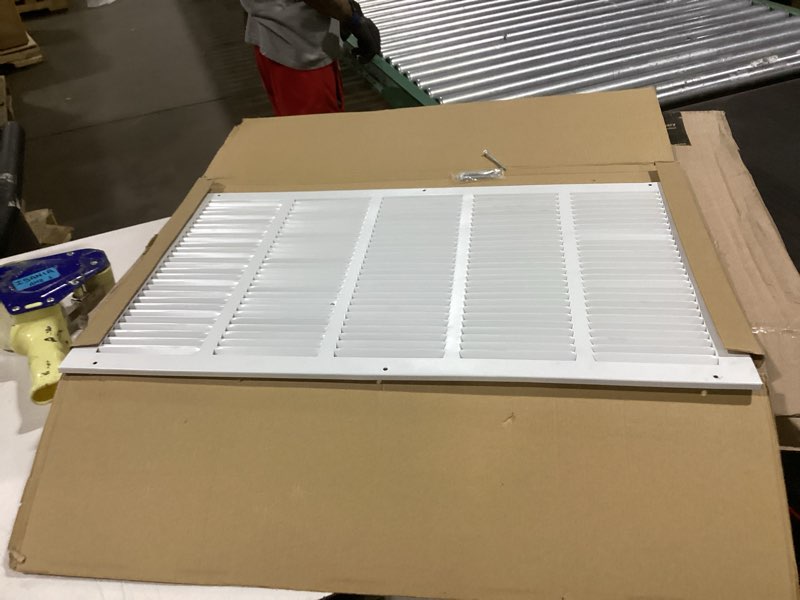 Condition photo showing As Is for hvac premium 25'' x 14'' [duct opening] flat stamped steel return air grille - sidewall and ceiling - hvac vent duct cover - white [outer dimensions: 26.75''w x 15.75''h] 25 x 14