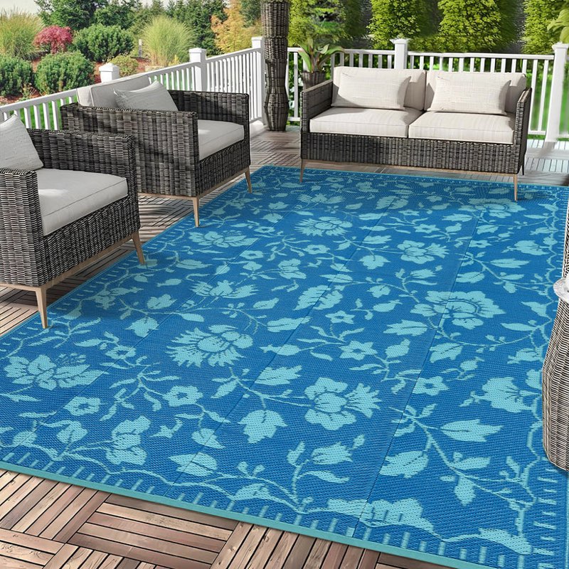 garvee reversible outdoor patio rug - waterproof plastic straw mat with vintage floral design - collapsible & uv resistant - ideal for rv, camping, deck, porch, balcony, backyard - navy blue/lake green, 5x8ft