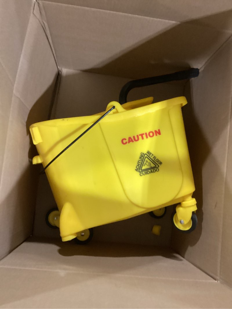 Condition photo showing As Is for carlisle foodservice products 26-quart commercial mop bucket with side-press wringer, precision-molded polypropylene, durable wringer, bucket with non-marking casters, 18.5 x 16.5 x 23 inches, yellow